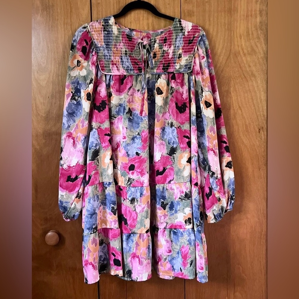 Floral Multicolor Vibrant Tiered Boutique Dress 3/4-Long Sleeves Size M NWOT
